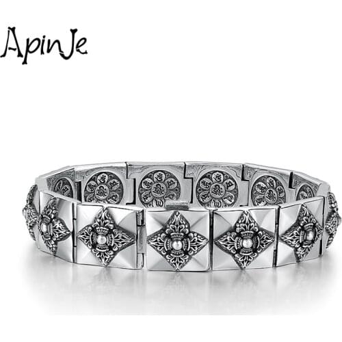 Apinje Thai Silver Vintage 925 Sterling Silver Bracelet for Men Vajra Cross Heavy Bracelets Rock Punk Gothic Man Jewelry