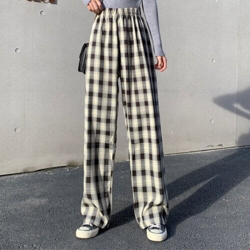 INS Cool Women Baggy Blue Pants Lady Oversized Wide Leg Plaid Slacks Harem Pants Student Autumn Purple Pink Long Flare Trousers
