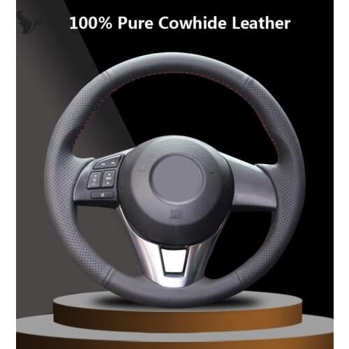 Black Genuine Leather Car Steering Wheel Cover for Mazda CX-5 CX5 Atenza 2014 Mazda 3 CX-3 2016 Scion iA 2016
