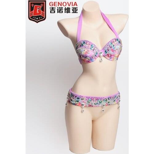 2018 Sexy Belly Dance Bra & Belt 2 Pieces Womens belly dance set costume Carnival Tops Chain belly dancing clothes