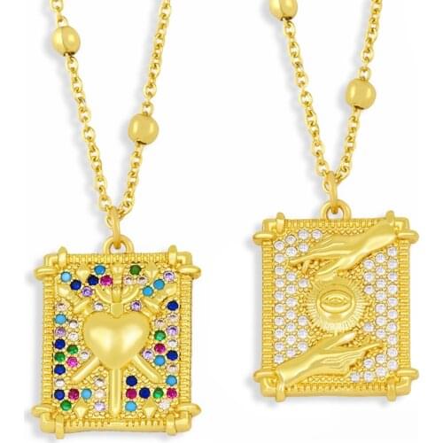 FLOLA Rainbow CZ Heart Necklace Pendant For Women Beaded Chain Evil Eye Necklace Crystal Gold Wholesale Gift Jewelry nkev78