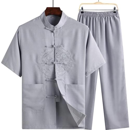 SHENG COCO Cotton Linen Man Chinese Wushu Suits Gray Hot Sale Costume Sets Short Sleeve Jacket Trousers Suit Chinese Style