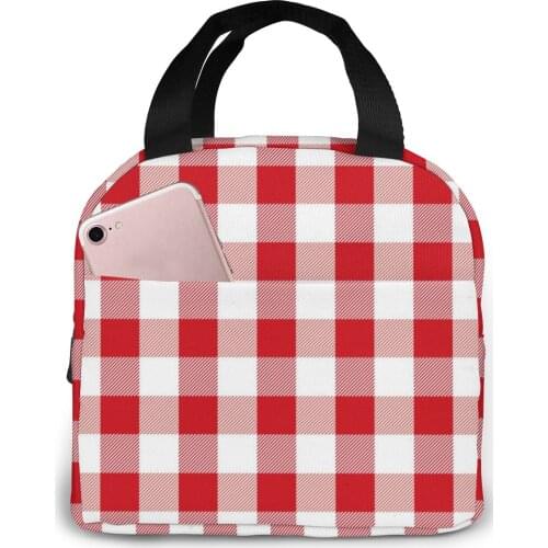 Red White Plaid Cooler Bag Portable Zipper Thermal Lunch Bag Convenient Lunch Box Tote Food Bag