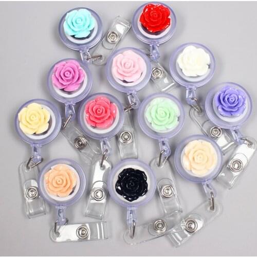 Creative Rose Flowers Resin Retractable Badge Reel Nurse Doctor Student Exhibition ID Card Clips Badge Holder Stationery