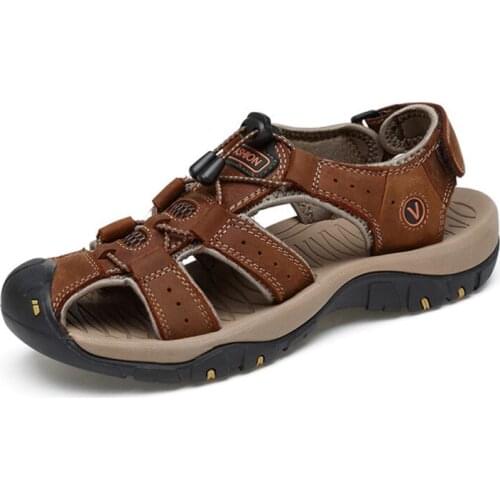 Men sandals, breathable and comfortable non-slip wear-resisting rubber sole leather Mens beach trumpet 38, super-sized 48