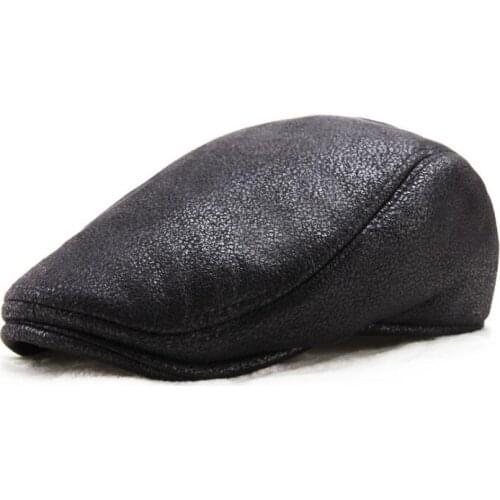 Mens beret hat autumn and winter thickened warm cap with velvet PU forward cap