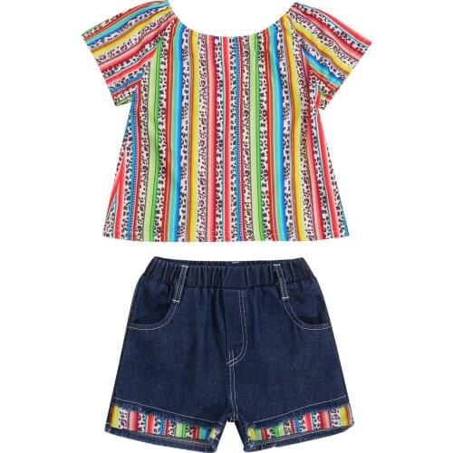 1-6Y Fashion Children Kids Girls Summer Clothing Sets Colorful Leopard Striped T-shirts Tops+Denim Shorts Outfits
