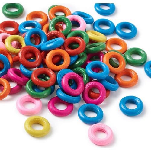 Mixed Color Donut Wood Beads Dyed Ring Wooden Beads Lead Free, about 15mm in diameter, 4mm thick, hole: 8mm