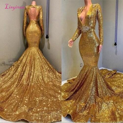 Mermaid Backless Prom Dresses Cheap V-neck Long Sleeves Sequined Bling Bling Bead Floor Length Evening Wear Gowns