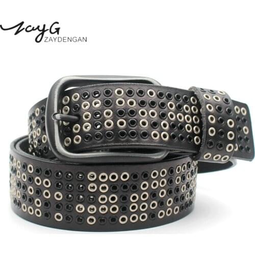 ZAYG Fashion Hip-hop Punk Neutral Whole Hollow Rivet Belts Pin Buckles High Quality Leather Belts Male and Female Gothic Belt