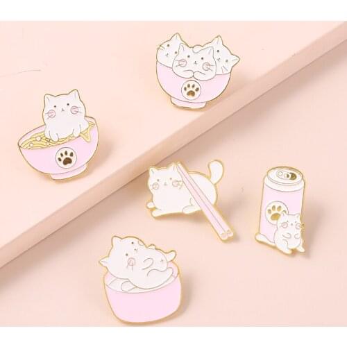 Pink Cute Kitten And Food Enamel Pins Funny Can Eat Food Cat Metal Brooches Badges Pins Wholesale Customization Gift Accessories