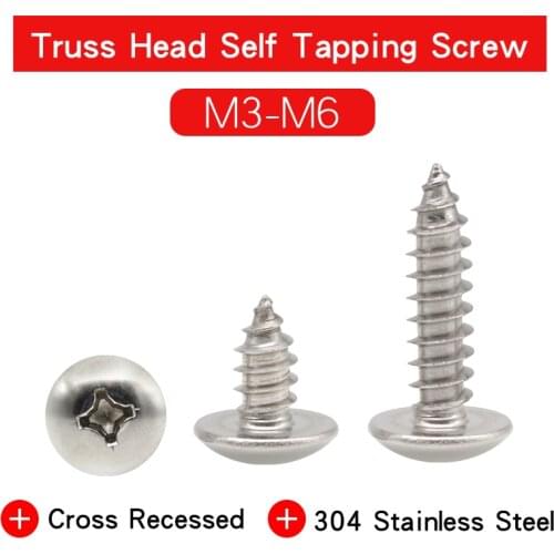 8-60 pcs Truss Head Phillips Self Tapping Screws M3 M4 M5 M6 304 Stainless Steel Maerial Cross Recessed Mushroom Head Wood Screw