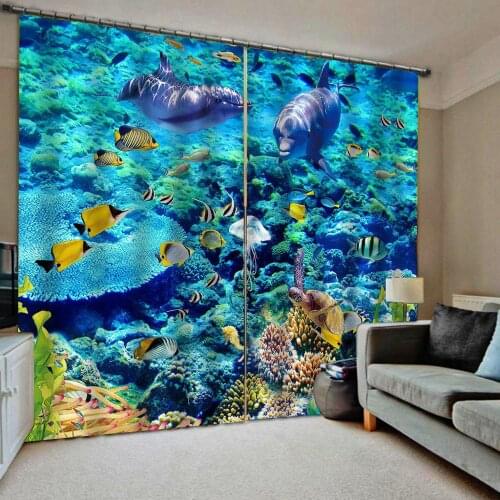 Blue curtains ocean underwater dolphin curtain 3D Curtain Luxury Blackout Window Curtain Living Room stereoscopic curtains
