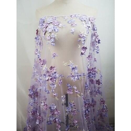 Mix purple 3D embroidered floral lace fabric 3D florals mesh embroidered lace fabric for haute couture