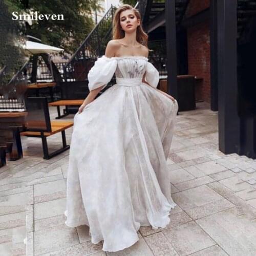 Smileven Off The Shoulder Princess Prom Dress A-Line 3D Flowers Evening Party Dress Puff Sleeves Backless Party Gowns 2021