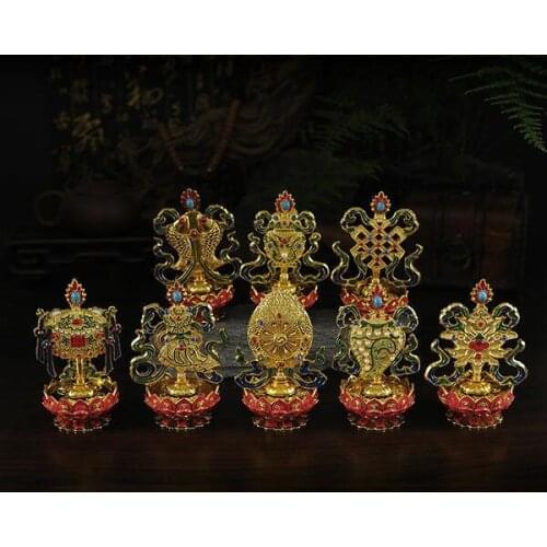 Tibetan Buddhist Mikky Eight Auspicious Symbols Copper Gilt Lotus Statue 8 PCS