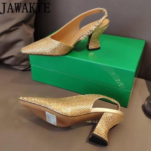 Summer Formal Dress Shoes Women Gold Silver Inlay Crystal Pointy Toe Kitten heel Slingbacks Fashion luxury Brand Shoes Mujer