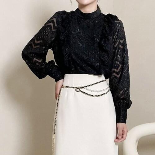 Black Stand Collar Women Chiffon Blouse Geometric Pattern Patched Ruffles Blusa Feminina 2021 New Fall Tops Ladies Casual Shirt