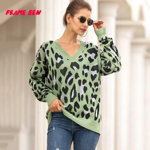 2019 New Fashion Women Autumn Winter Oversized Casual Loose Leopard Long Sleeve V Neck Plus Size Knit Sweaters
