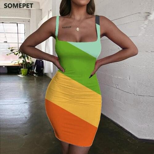 SOMEPET Colorful Dresses Women Pattern Ladies Dresses Wire Halter Sleeveless Rainbow Sundress Womens Clothing Mini Evening Short