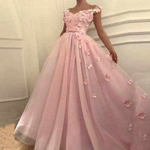 Weilinsha Elegant Pink Prom Dresses V-neck Off the Shoulder Ruched Pleats Flowers Tulle A-line Formal Gowns Evening Dress
