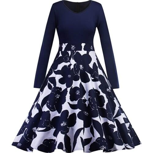 Women Printed Long Sleeve V-Neck Vintage Midi Dress Spring Autumn Clothes Slim Party Dating Big Swing Elegant Dress Vestidos