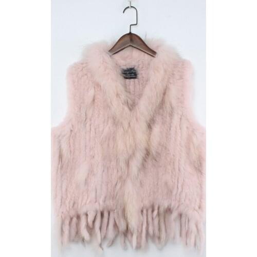 New Hot Sale Women 100% Real Rabbit Knitted Fur Vest Lady Genuine Natural Raccoon Fur Collar Vest Real Fur Waistcoat Wholesale