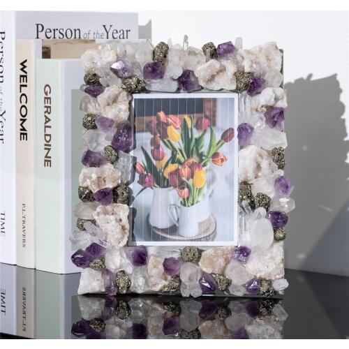 1pcs Natural Stones Photo Frames Amethyst Cluster Pyrite White Crystal Quartz Geode Agate Home Decor
