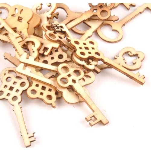 24pcs Mixed Natural Key Shape Wood DIY Crafts For Handmade Scrapbooking Handicraft Wooden Ornament Embellishments 43x17mm M1654
