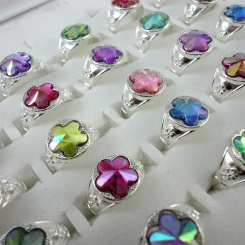 30Pcs Mix Color Silver Plated Crystal Ring For Children Boys Girls Wholesale Jewelry Rings Bulks Lots Hot Sale LR345
