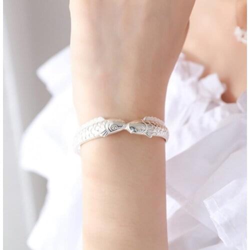 Sole Memory Original Two Fish Retro Literary Good Luck 925 Sterling Silver Female Resizable Bangles SBR136