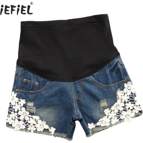 Maternity Denim Shorts For Pregnant Women Summer Adjustable Waist Support Belt Lace Pearl Loose Short Jeans Pants For Pregnancy