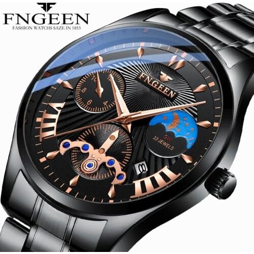 FNGEEN Mens Watch 2020 New Stylish Black Quartz Wristwatch Moon and Star Fashion Business Male Watch Man Hour Relogio Masculino