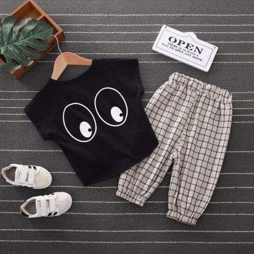 Toddler Baby Boys Girls Clothing Sets Infant Cotton Big Eye Printing T-Shirts+Plaid Pants Summer Children Fashion Casual Outfits