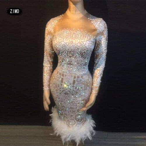 Sparkly AB stones Feather Dress Stretch Sexy party Nightclub Bar Dance Wear Evening Celebrate Costume Prom Birthday Dresses rave