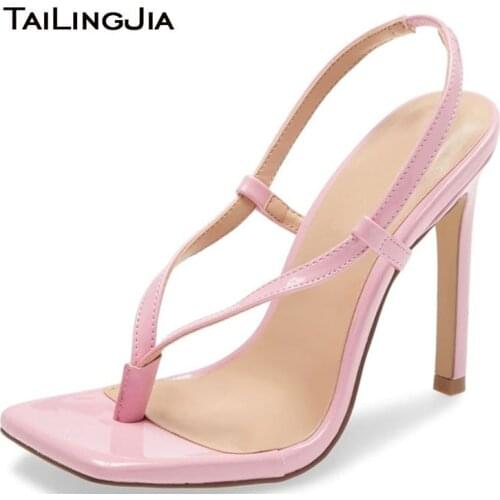 Trendy Square Toe High Heel Thong Sandals Womens Pink Heels Black Strappy Sandal Ladies Summer Shoes 2020 Large Size Footwear
