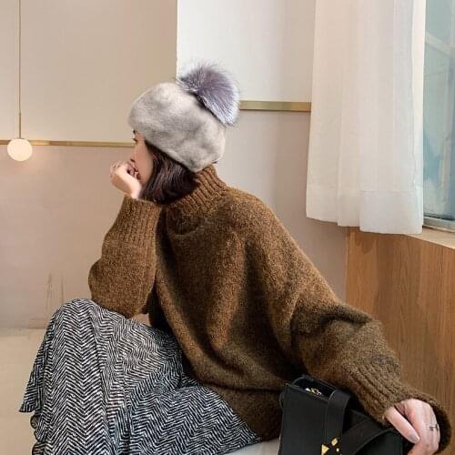2021 Women New Fashion Water Mink Entire Phi Phi Grass Fox Fur Ball Hat Large Software Beret Fashion Korean Wave