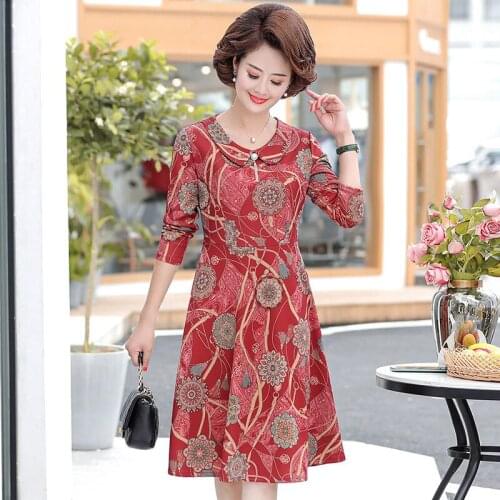 Big Size Moms Autumn Clothing 2020 New Middle-aged Womens Long-sleeved Dress Spring Elegant Long Sleeve Flower Dress 5XL k1098