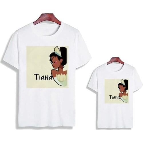 Family Matching Outfits Summer Short Sleeve Casual Loose White O-neck Disney Princess Cute Cartoon Family Look Tops Kids Tees