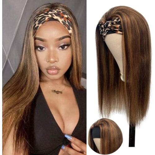 Ombre Highlight Human Hair Wigs T1b Honey Blonde Headband Wig Pre Plucked Brown Straight Hair Wig Remy Hair For Women With Scarf