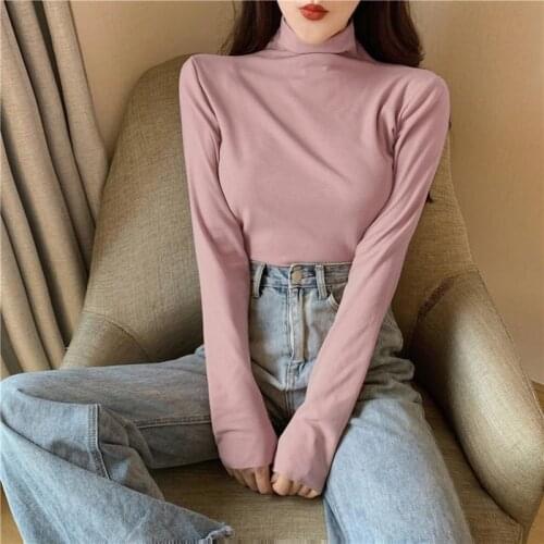 Women Autumn Long Sleeve Solid Cotton Soft Basic Tops Elegant Turtleneck High Elastic Harajuku Slim Tee Shirt Spring