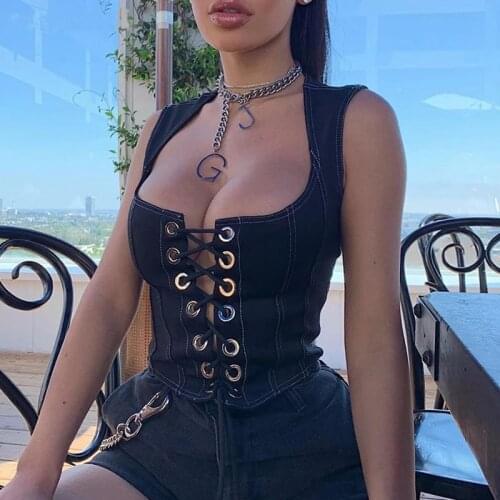 Summer Tank Tops Women Sexy Crop Top Laceup Sleeveless Bandage Top Fashion Slim Hollow Out Vacation Streetwear Summer Denim