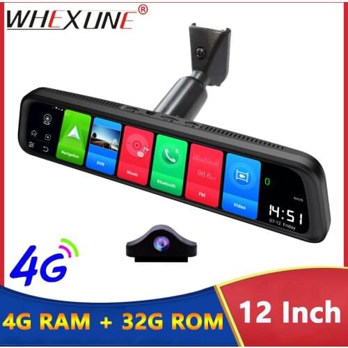 WHEXUNE 12 Inch 4G Car DVR ADAS Dash Cam Android 8.1 FHD 1080P Dual Lens Camera GPS Wifi Bluetooth Rearview Mirror Night Vision