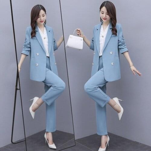 Spring Autumn Womens Suits New Solid Korean Blazer Jacket Coat and Trousers Two Piece Female Office Suit Pants Set Clothes 2XL