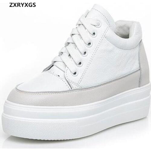 2021 New Genuine Leather Single Shoes Thick Sole Platform Internal Increase High Heels Winter Warm Shoes Women Shoes Black White