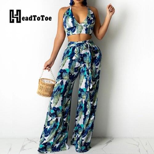 Leaf Print Backless Lace Up Halter Crop Tops & Wide Leg Pants Set Women Summer Two Pieces Set