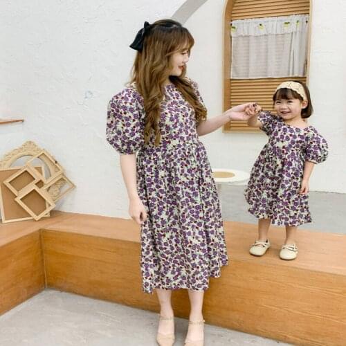 2021 Hot Sale New Summer Family Matching Dress Purple Floral Short Sleeves Dress Sundress Mum Daughter Matches Suit E3020