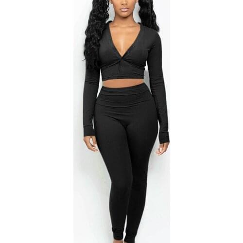 Embroidery Lucky Solid Color Tracksuit Women Sexy V Neck Long Sleeve Crop Top + High Waist Leggings Slim Two Piece Set Outfits