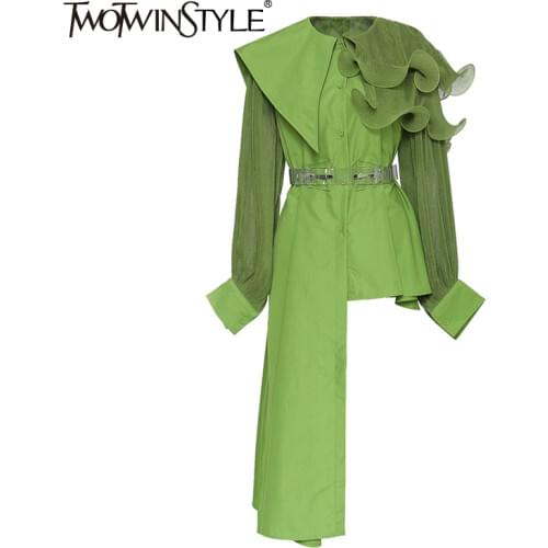 TWOTWINSTYLE Elegant Asymmetrical Women Dress Irreguar Collar Lantern Long Sleeve High Waist With Sashes Ruffles Dresses Female