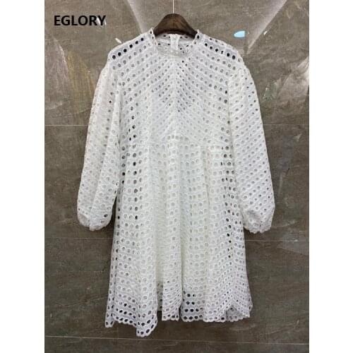 100%Cotton Embroidery Dress 2021 Spring Fashion Style Women O-Neck Allover Hollow Out Embroidery Long Sleeve White Floral Dress